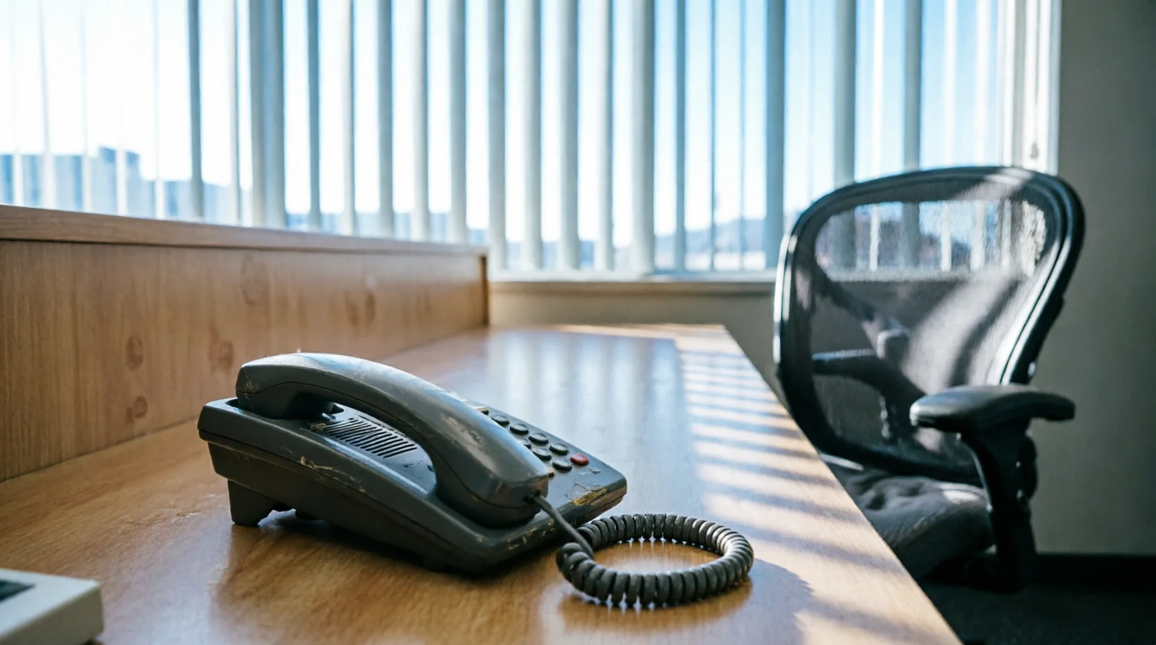 An old desk phone sitting untouched on a wooden desk beside an empty office chair
