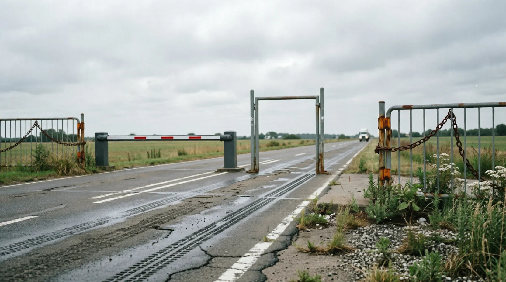 An open, unmanned toll barrier on a rural two-lane highway, chain-link gates pulled aside, with a truck approaching in the distance