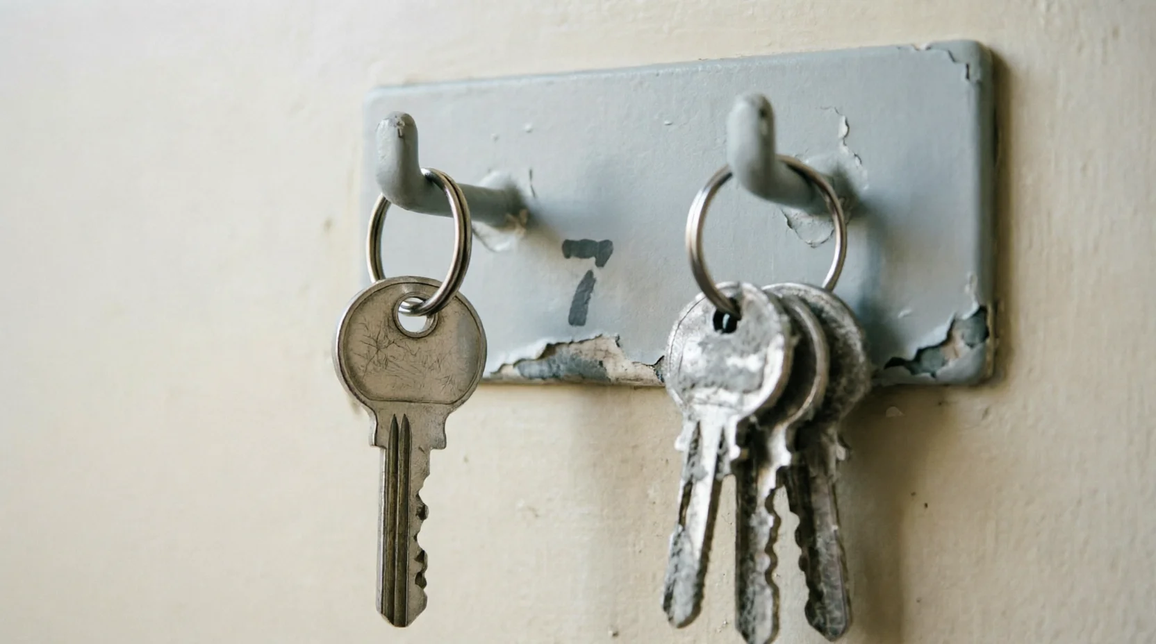Two sets of keys on wall hooks, a single key alone on one hook and a cluster of several keys on the other, beside a faded painted number 7
