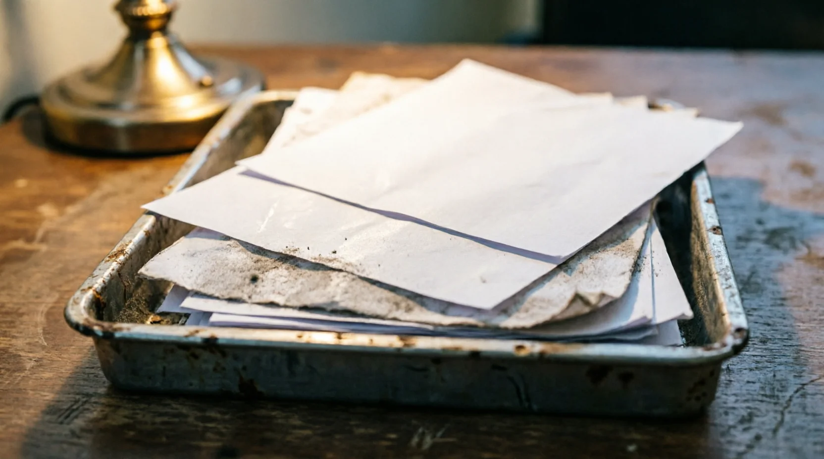 A rusty metal tray holding a messy stack of blank papers on a worn wooden table