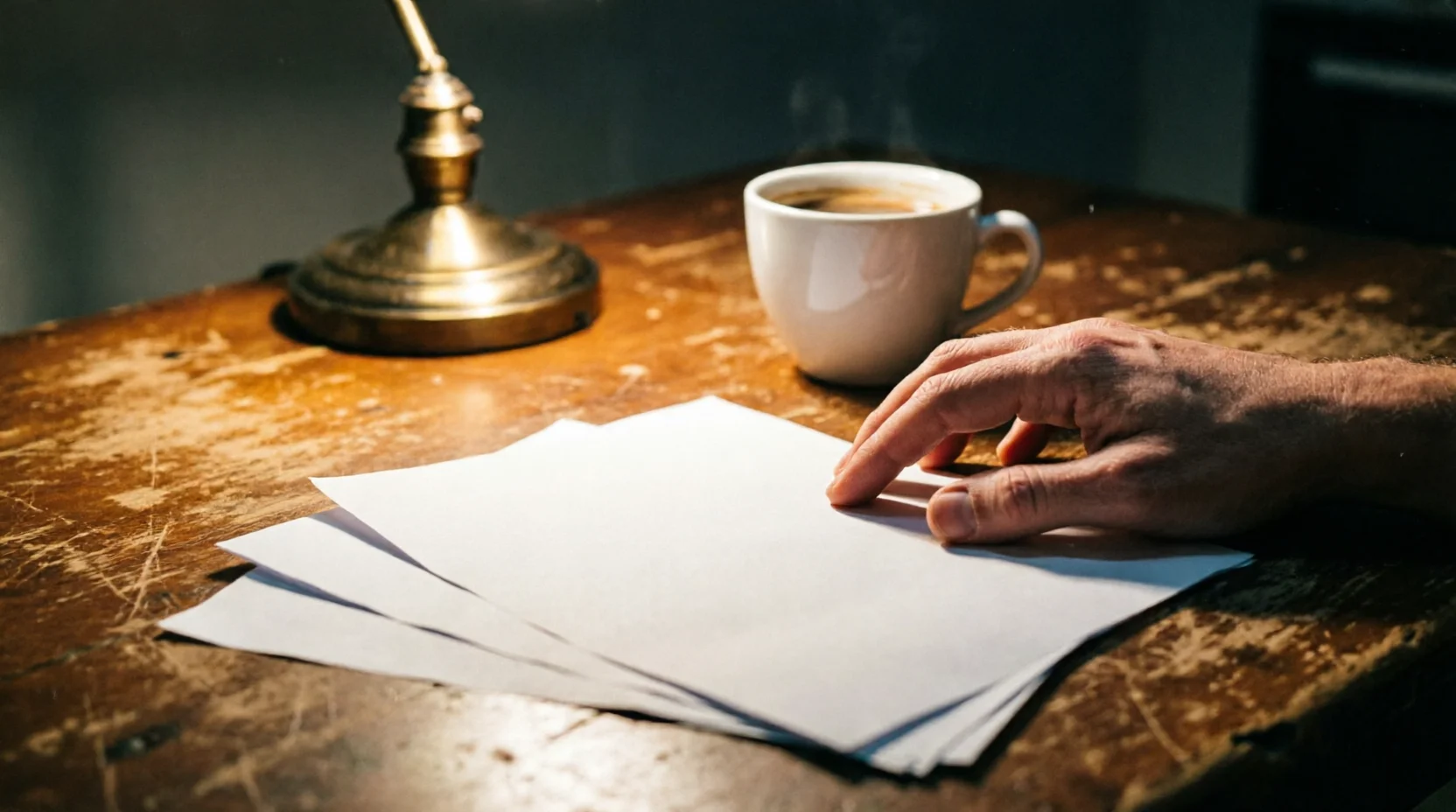 A hand resting on blank paper beside a steaming coffee cup and desk lamp in warm evening light