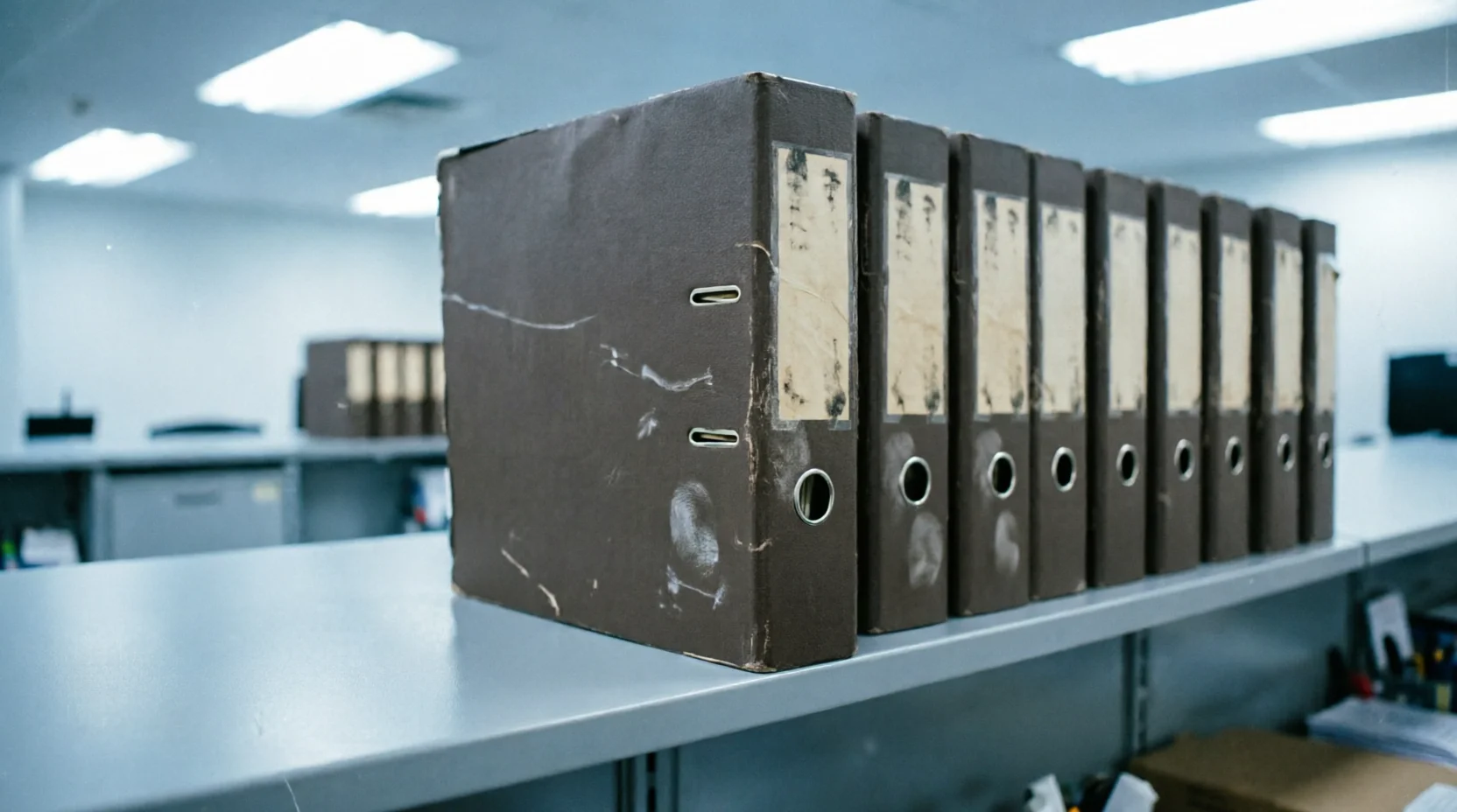 A row of identical, worn binders with illegible handwritten spine labels lined up on an office shelf