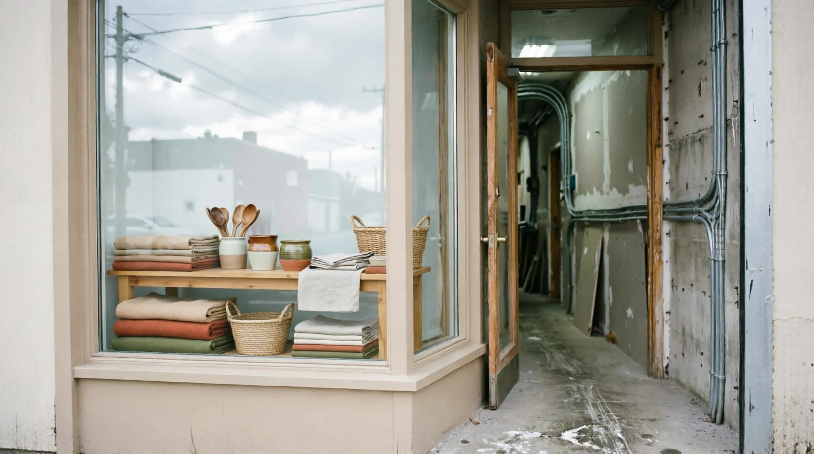 A tidy, finished shopfront display window beside an open door revealing an unfinished, under-construction hallway