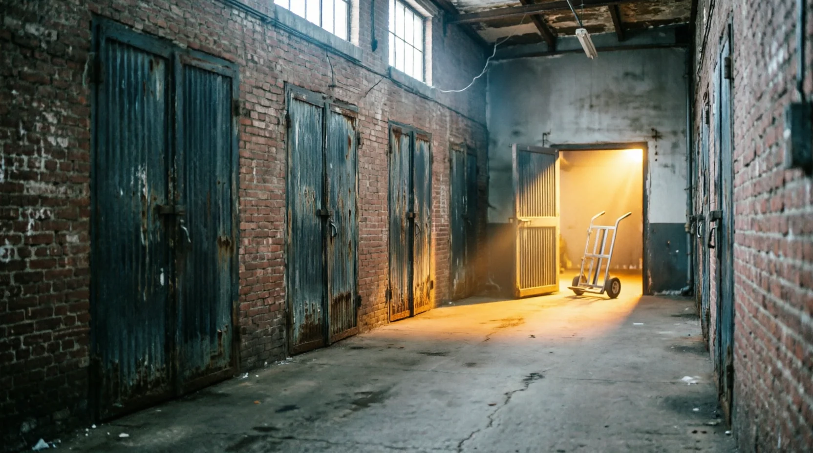 A dim warehouse corridor lined with closed storage-unit doors, ending at one open, lit doorway with a hand truck inside