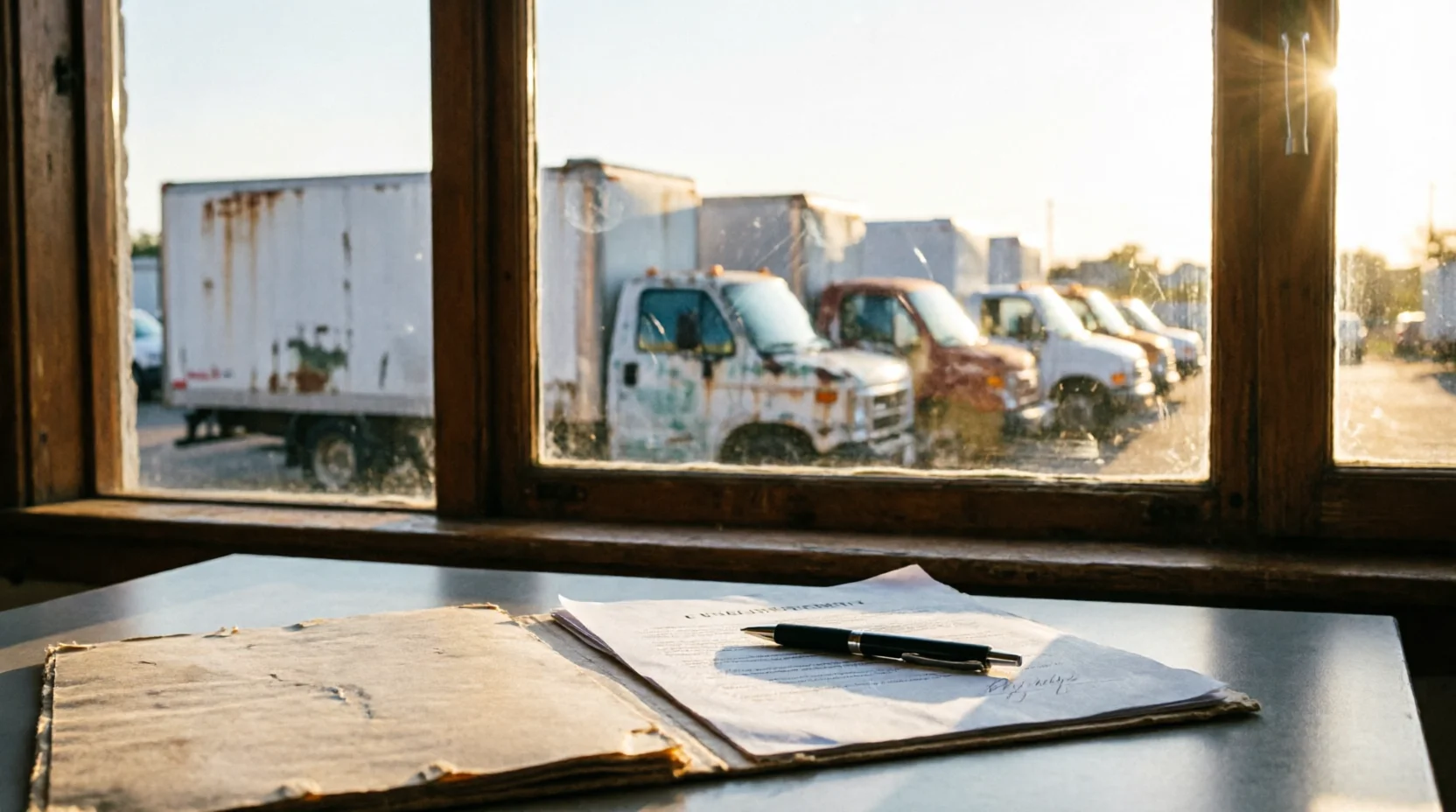 A signed contract and pen on a desk, with a row of weathered, rusted moving trucks visible through the window behind it
