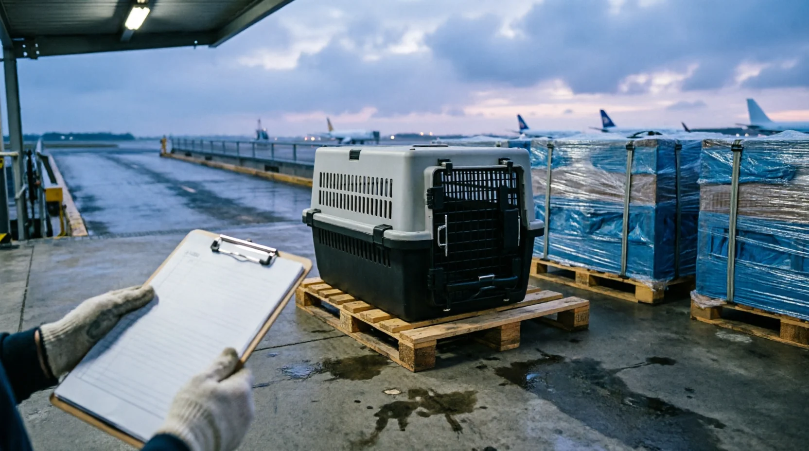 A pet travel crate on a wooden pallet at an airport cargo bay at dusk, with wrapped freight pallets and aircraft in the background
