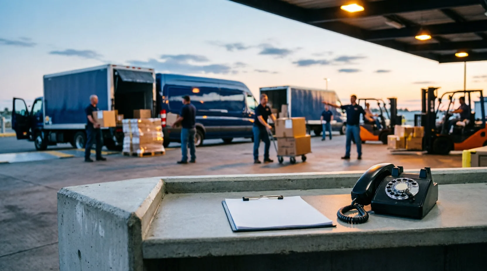 A busy loading bay at dusk, full of activity, with an empty and unstaffed order counter in the foreground