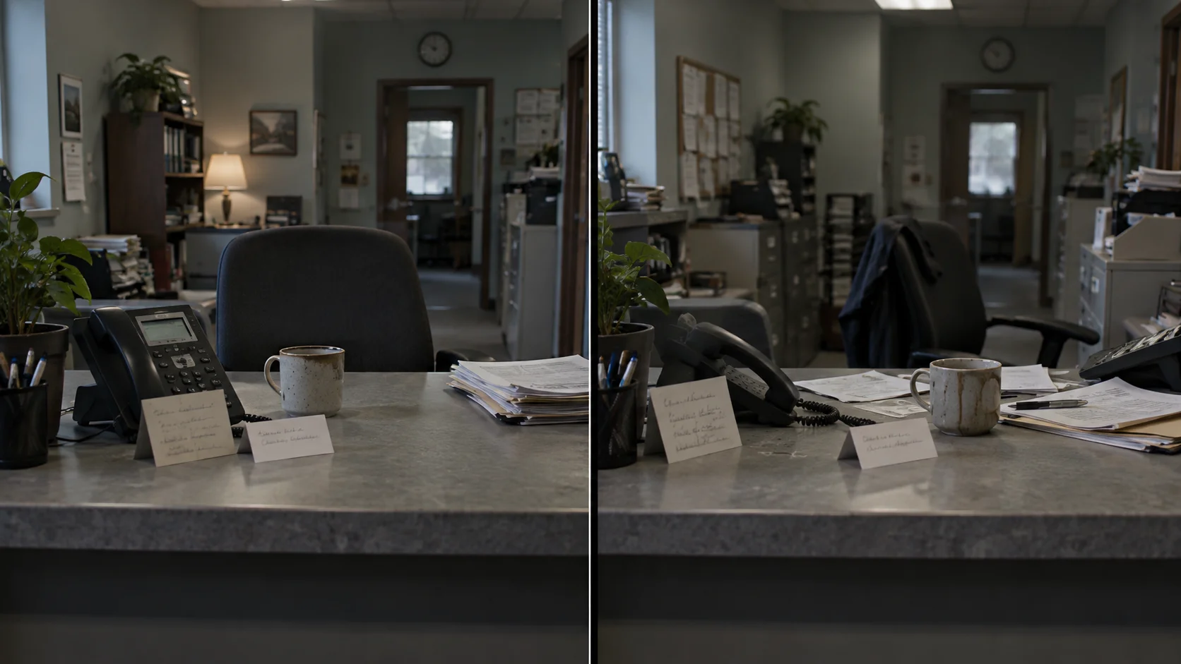 Two near-identical service counters, each with a handwritten name card by the phone -- one unhurried, one visibly rushed.