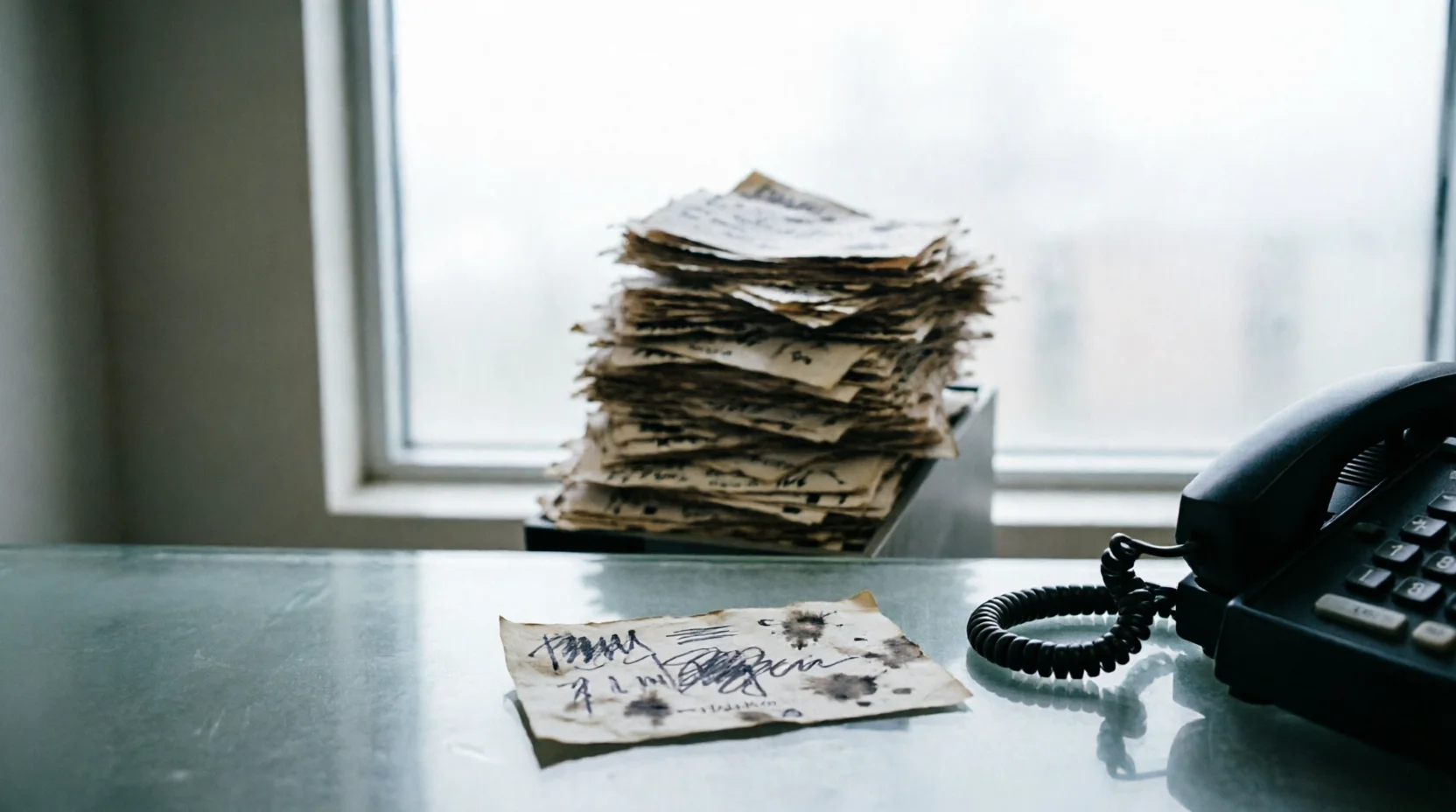 A worn reception counter at day's end, a tall tray overflowing with identical blank general-enquiry slips