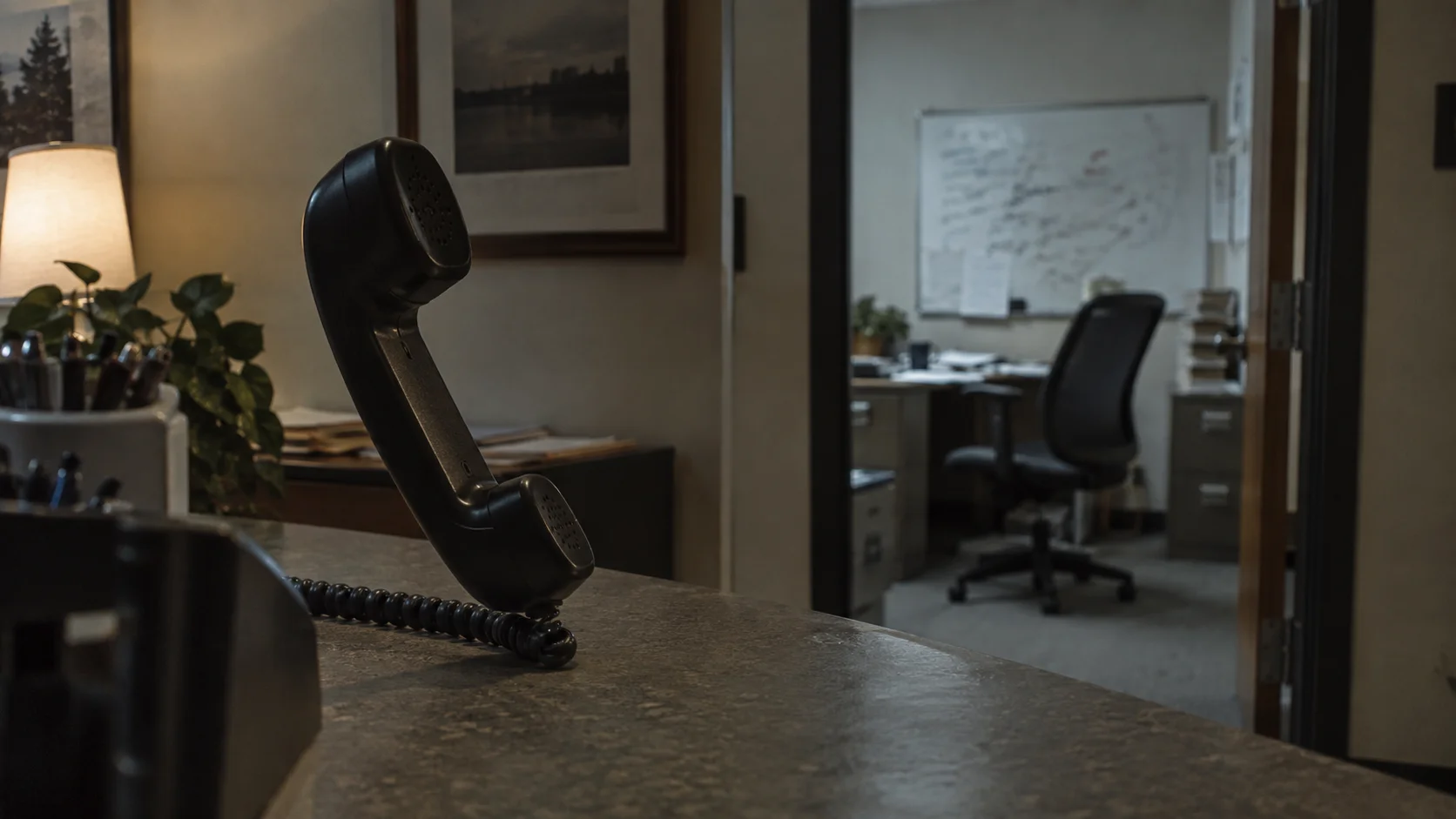 A reception phone lifted off its cradle, with an empty, unattended back office visible through the doorway behind it.