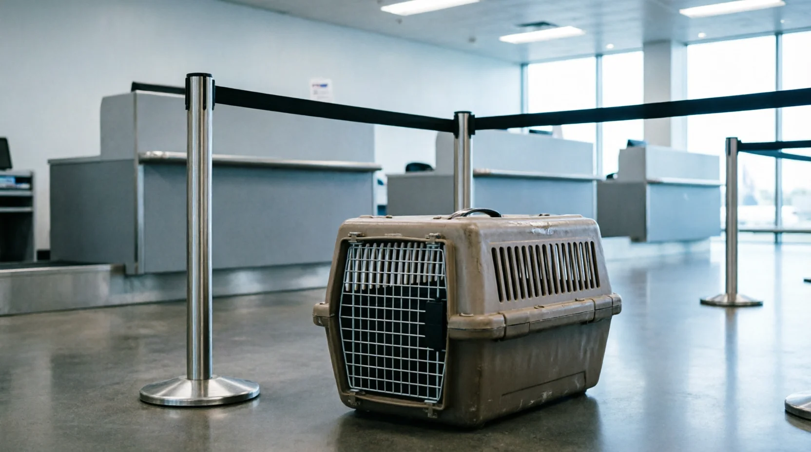 An empty airline check-in area with a pet travel crate sitting alone behind a queue stanchion.