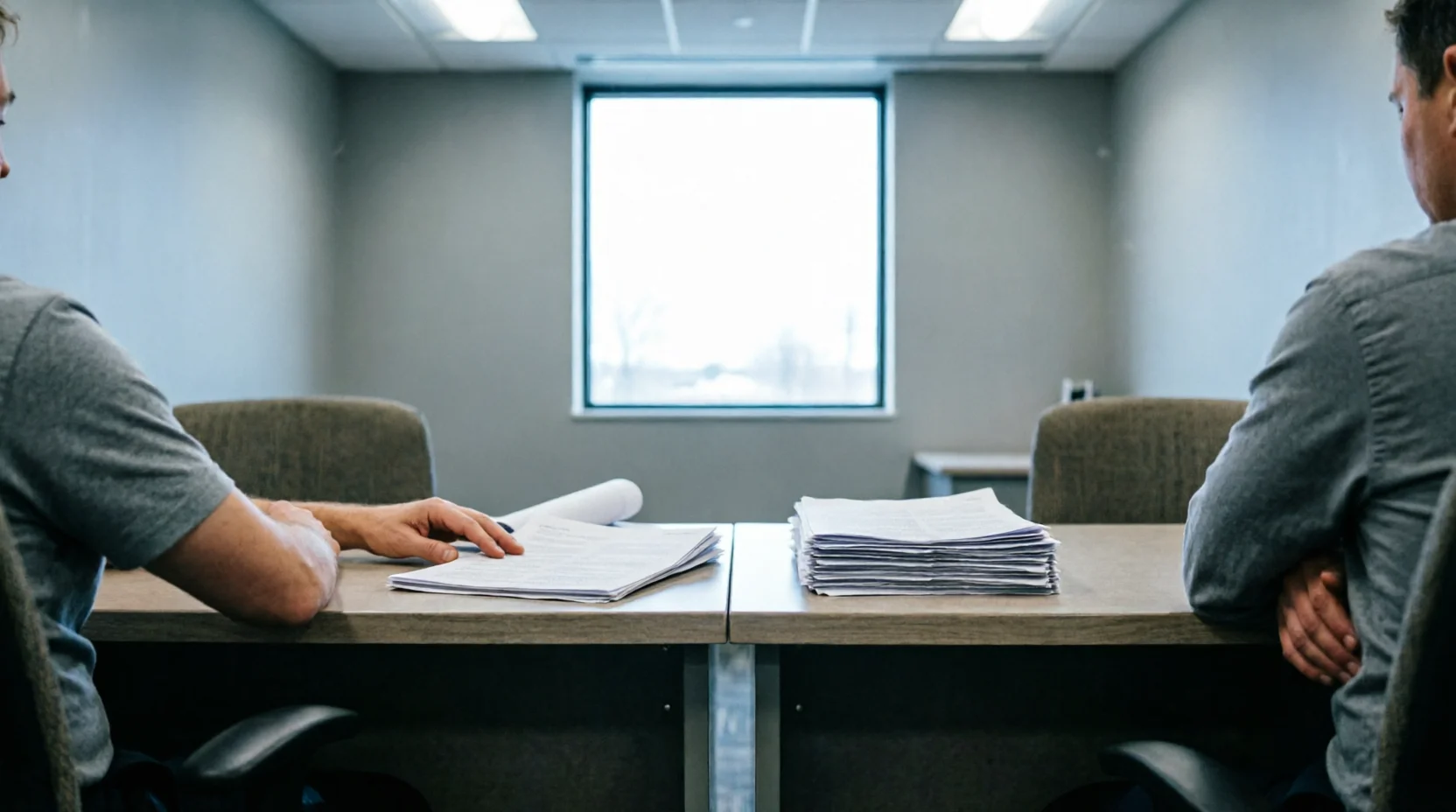 Two people at facing desks, one with a thin stack of papers and one with a thick stack, in an otherwise identical office setting.