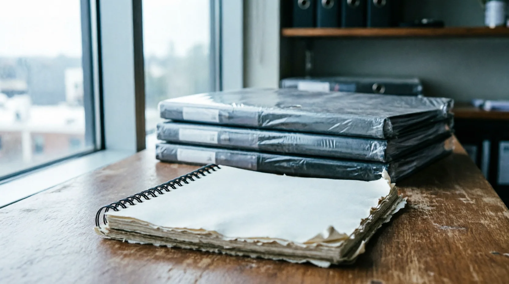 A shelf of unopened, dust-covered marketing proposal binders beside one heavily used, dog-eared notebook.