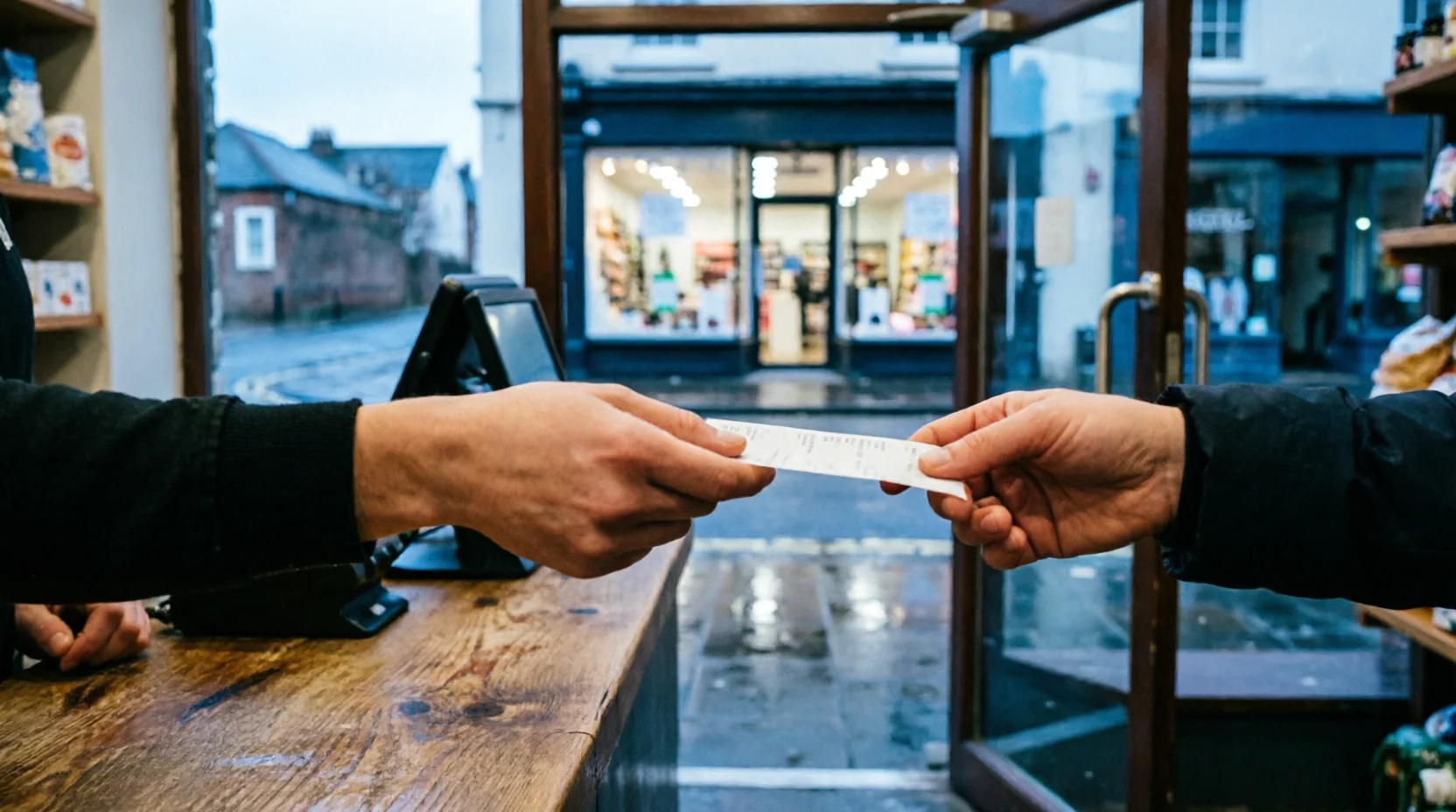Close-up of two hands passing a paper receipt across a wooden shop counter, with a street and storefront visible through the open door behind them