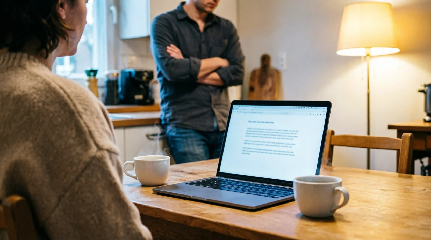 A kitchen table at evening with two coffee mugs and a laptop open to a moving-company website