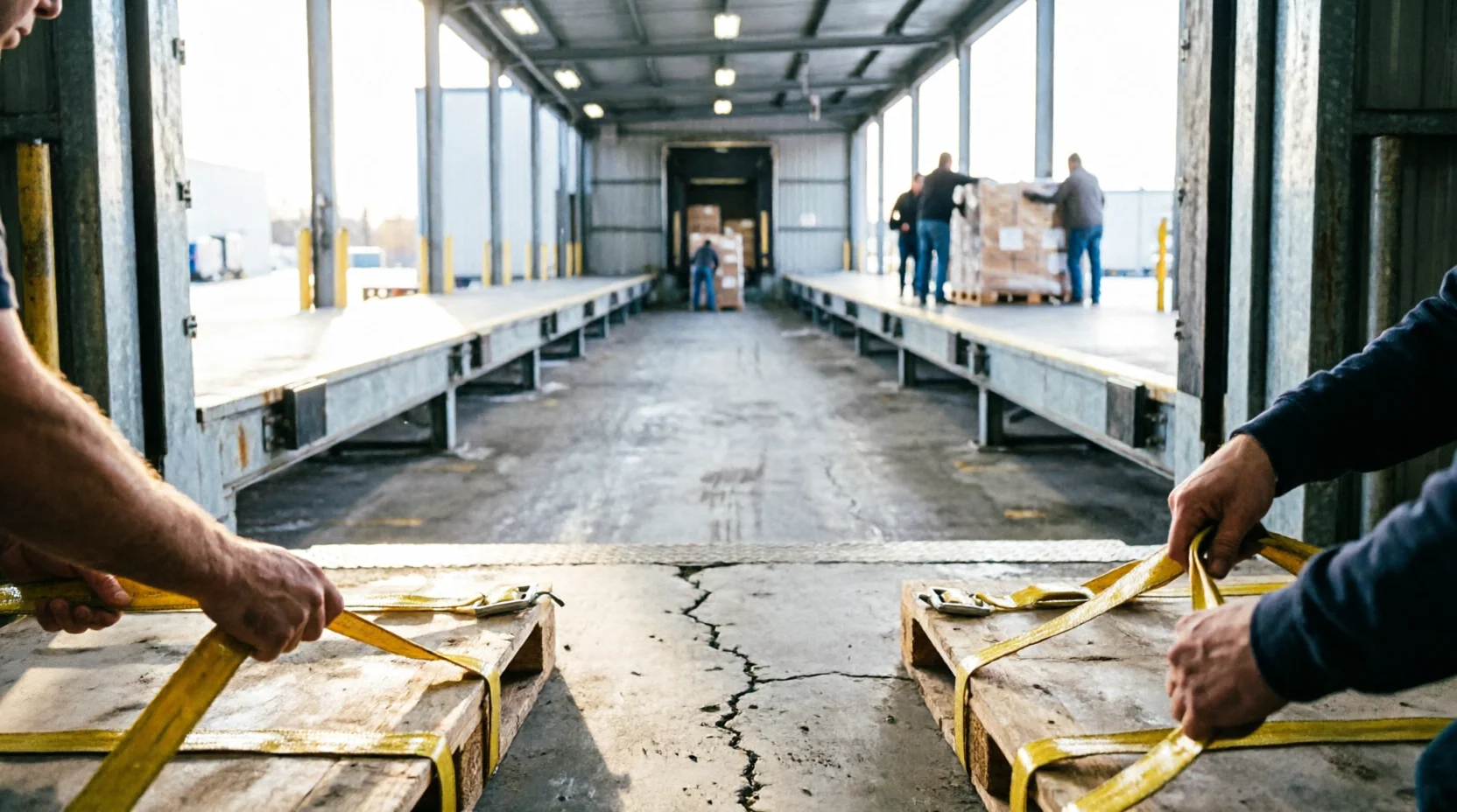 A loading dock at the moment of handoff, with hands securing cargo straps in the foreground and workers at the far end of the dock.