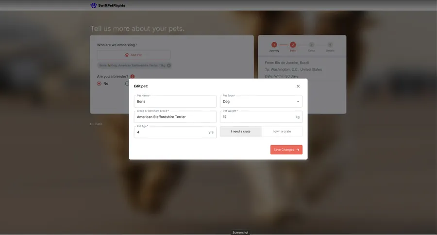Swift Pet Flights website built on Movaros